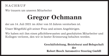 Traueranzeige von Gregor Ochmann von Gmünder Tagespost