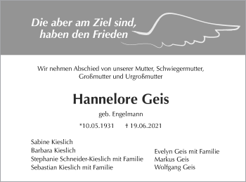 Traueranzeige von Hannelore Geis von Schwäbische Post
