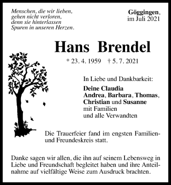 Traueranzeige von Hans Brendel von Gmünder Tagespost