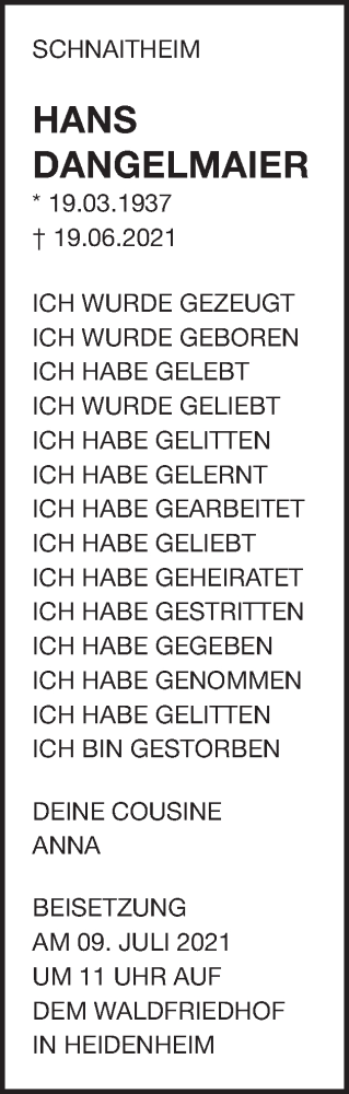 Traueranzeige von Hans Dangelmaier von Schwäbische Post