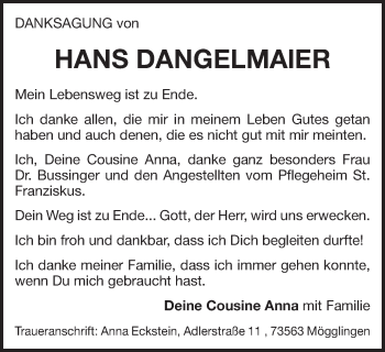 Traueranzeige von Hans Dangelmaier von Gmünder Tagespost