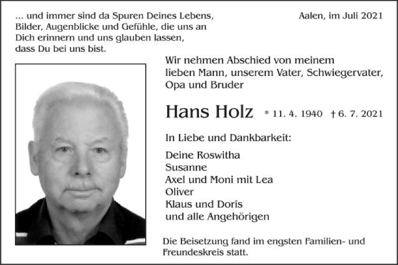  Traueranzeige für Hans Holz vom 24.07.2021 aus Schwäbische Post