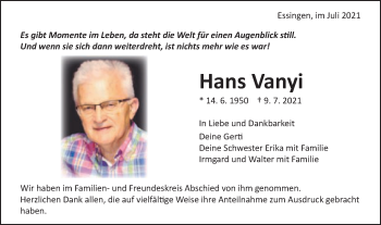 Traueranzeige von Hans Vanyi von Schwäbische Post