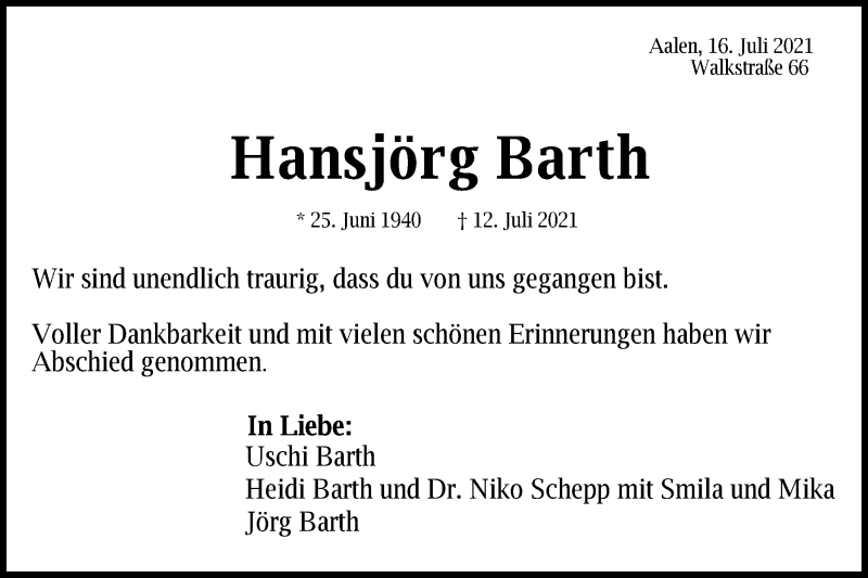  Traueranzeige für Hansjörg Barth vom 16.07.2021 aus Schwäbische Post