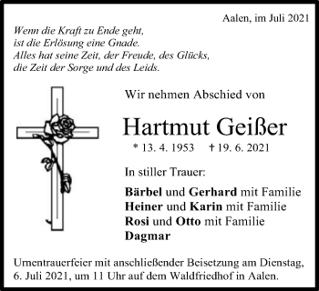 Traueranzeige von Hartmut Geißer von Schwäbische Post