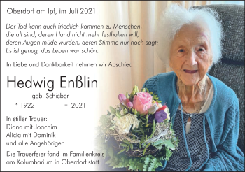 Traueranzeige von Hedwig Enßlin von Schwäbische Post