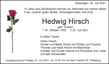 Traueranzeige von Hedwig Hirsch