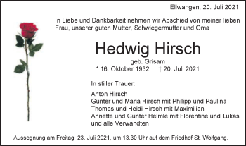 Traueranzeige von Hedwig Hirsch von Schwäbische Post