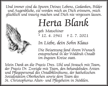 Traueranzeige von Herta Blank von Schwäbische Post