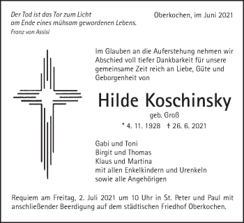 Traueranzeige von Hilde Koschinsky von Amtsblatt_Oko