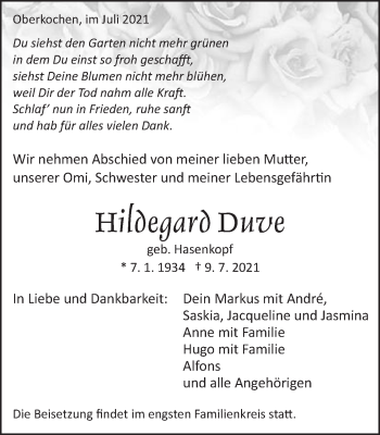 Traueranzeige von Hildegard Duve von Amtsblatt_Oko