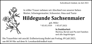 Traueranzeige von Hildegunde Sachsenmaier von Gmünder Tagespost