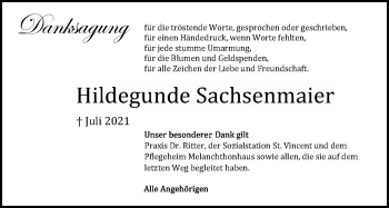 Traueranzeige von Hildegunde Sachsenmaier von Gmünder Tagespost