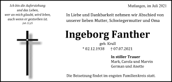 Traueranzeige von Ingeborg Fanther von Gmünder Tagespost