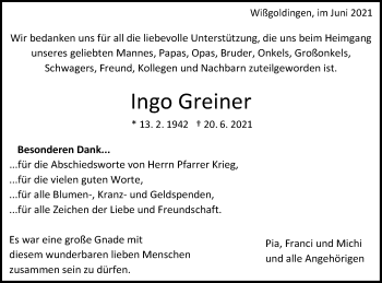 Traueranzeige von Ingo Greiner von Gmünder Tagespost