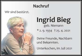 Traueranzeige von Ingrid Bieg von Schwäbische Post