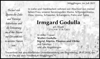 Traueranzeige von Irmgard Godulla von Gmünder Tagespost