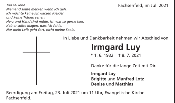 Traueranzeige von Irmgard Luy von Schwäbische Post