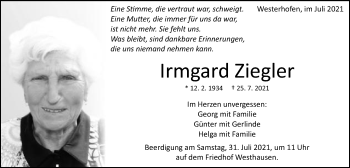 Traueranzeige von Irmgard Ziegler von Schwäbische Post
