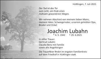 Traueranzeige von Joachim Lubahn von Schwäbische Post