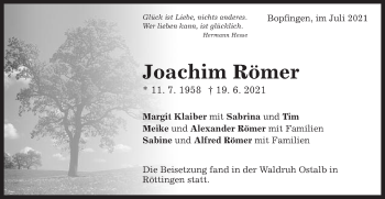 Traueranzeige von Joachim Römer von Schwäbische Post