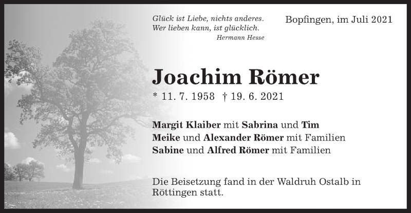  Traueranzeige für Joachim Römer vom 03.07.2021 aus Schwäbische Post
