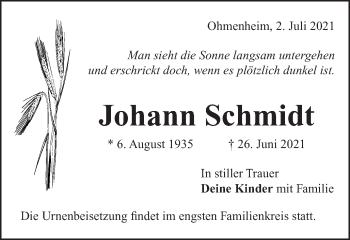 Traueranzeige von Johann Schmidt von Schwäbische Post