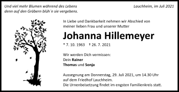 Traueranzeige von Johanna Hillemeyer von Schwäbische Post
