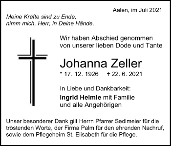 Traueranzeige von Johanna Zeller von Schwäbische Post