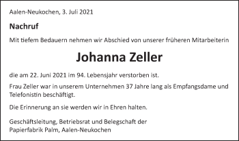 Traueranzeige von Johanna Zeller von Schwäbische Post