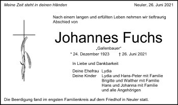 Traueranzeige von Johannes Fuchs von Schwäbische Post