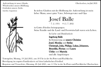 Traueranzeige von Josef Balle von Schwäbische Post