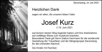 Traueranzeige von Josef Kurz von Schwäbische Post