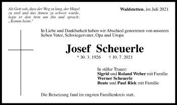 Traueranzeige von Josef Scheuerle von Gmünder Tagespost