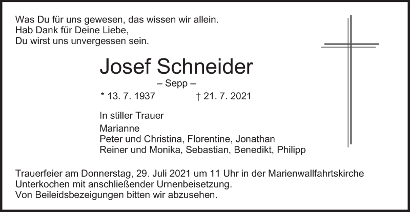  Traueranzeige für Josef Schneider vom 27.07.2021 aus Schwäbische Post