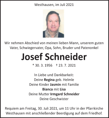 Traueranzeige von Josef Schneider von Schwäbische Post
