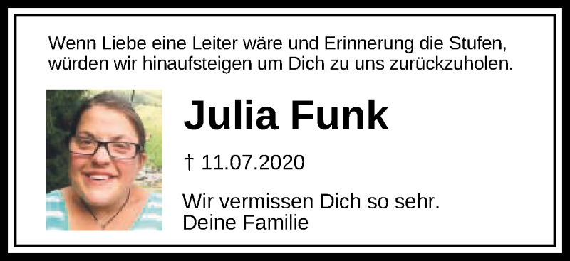  Traueranzeige für Julia Funk vom 10.07.2021 aus Schwäbische Post