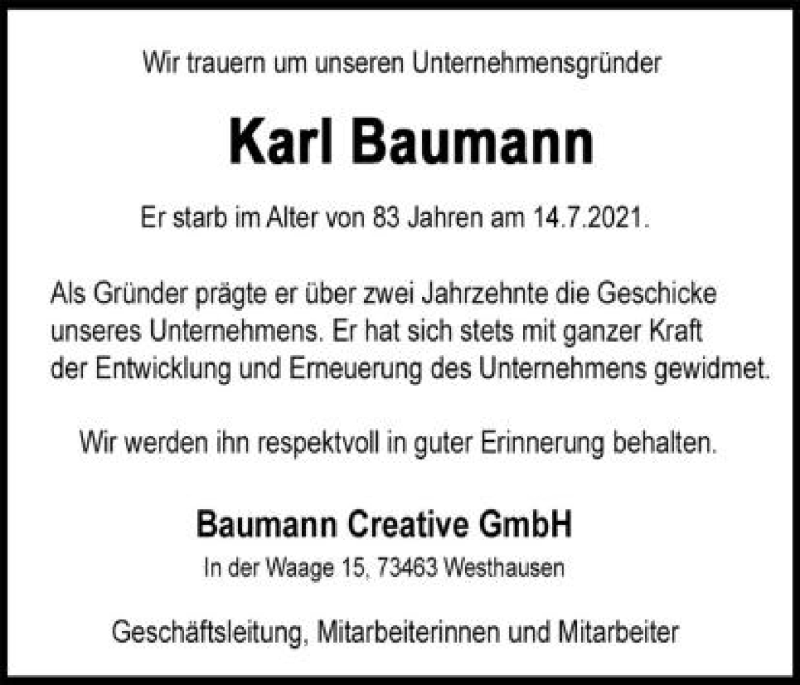  Traueranzeige für Karl Baumann vom 31.07.2021 aus Schwäbische Post