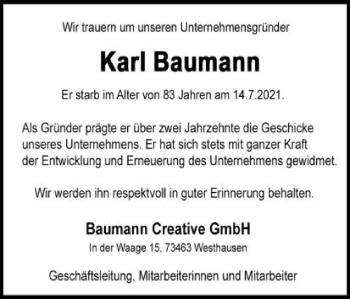Traueranzeige von Karl Baumann von Schwäbische Post