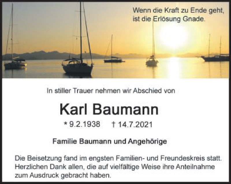  Traueranzeige für Karl Baumann vom 31.07.2021 aus Schwäbische Post