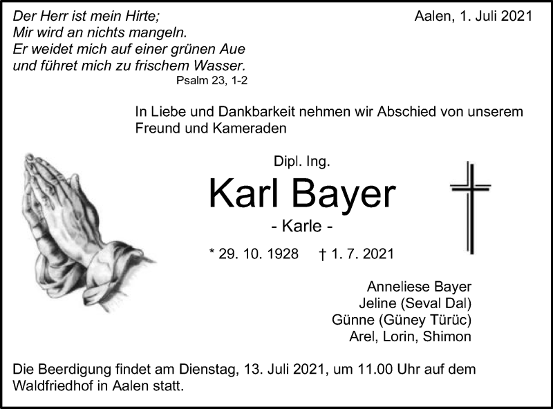  Traueranzeige für Karl Bayer vom 10.07.2021 aus Schwäbische Post