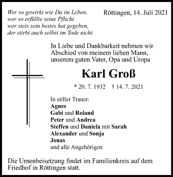 Traueranzeige von Karl Groß von Schwäbische Post