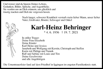 Traueranzeige von Karl-Heinz Behringer von Gmünder Tagespost
