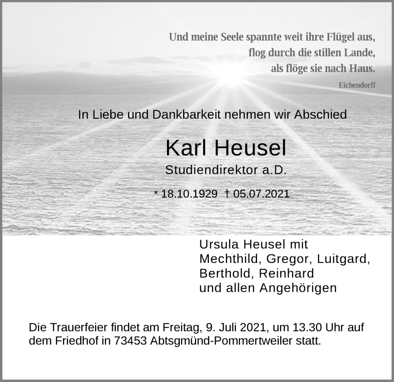  Traueranzeige für Karl Heusel vom 07.07.2021 aus Schwäbische Post