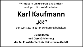 Traueranzeige von Karl Kaufmann von Schwäbische Post