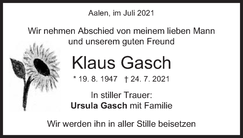  Traueranzeige für Klaus Gasch vom 28.07.2021 aus Schwäbische Post