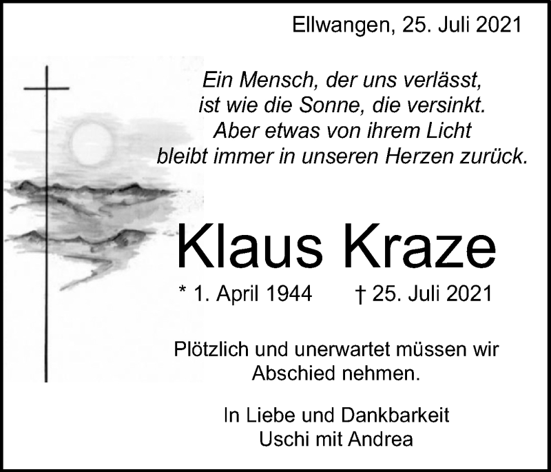  Traueranzeige für Klaus Kraze vom 27.07.2021 aus Schwäbische Post