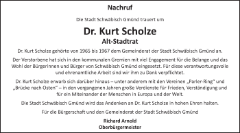Traueranzeige von Kurt Scholze von Gmünder Tagespost