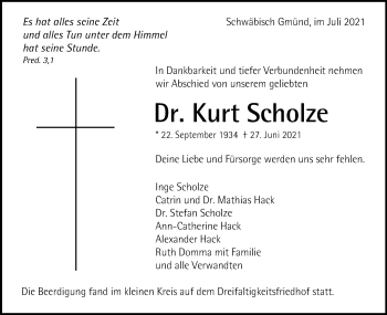 Traueranzeige von Kurt Scholze von Gmünder Tagespost