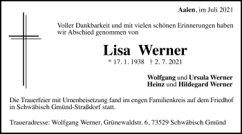 Traueranzeige von Lisa Werner von Schwäbische Post